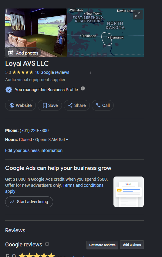 Example of a fully optimized Google Business Profile — 5-star rating, 10 reviews, service area set, all fields complete