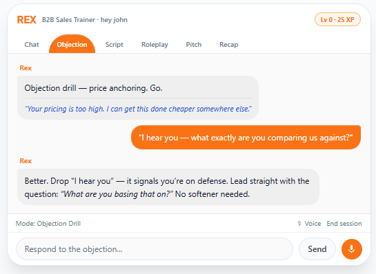 Rex AI sales trainer running an objection-handling drill on price anchoring