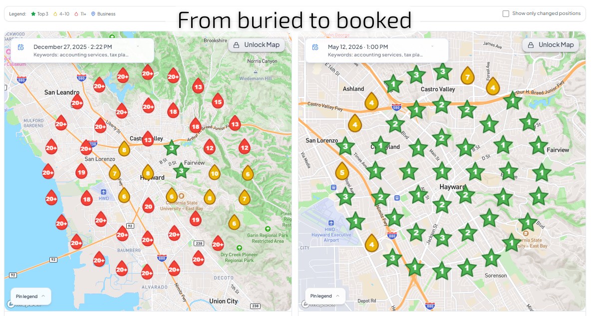 Local ranking grid for this Hayward accounting practice, December 2025 versus May 2026 - red 20+ pins across the East Bay replaced by green top-three stars