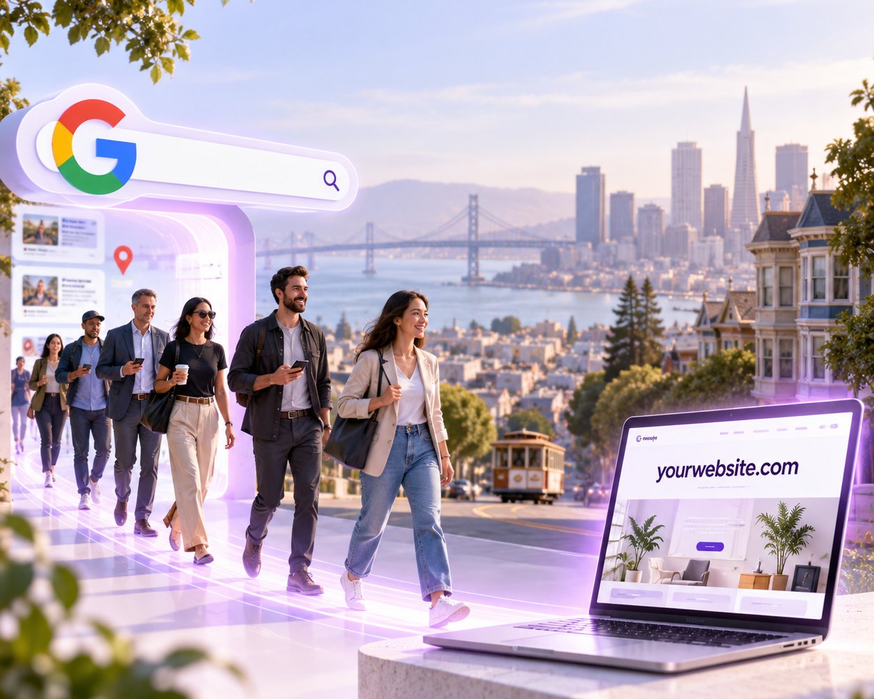 Business professionals walking from Google local search results toward a website, with the San Francisco skyline, a cable car, and Victorian homes