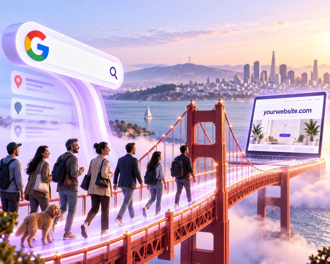 People crossing the Golden Gate Bridge on a glowing path leading from Google local search results to a business website, San Francisco skyline in the distance
