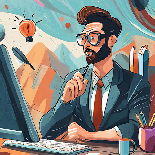 Cartoonish illustration of a concerned man at a computer, symbolizing challenges in website design.