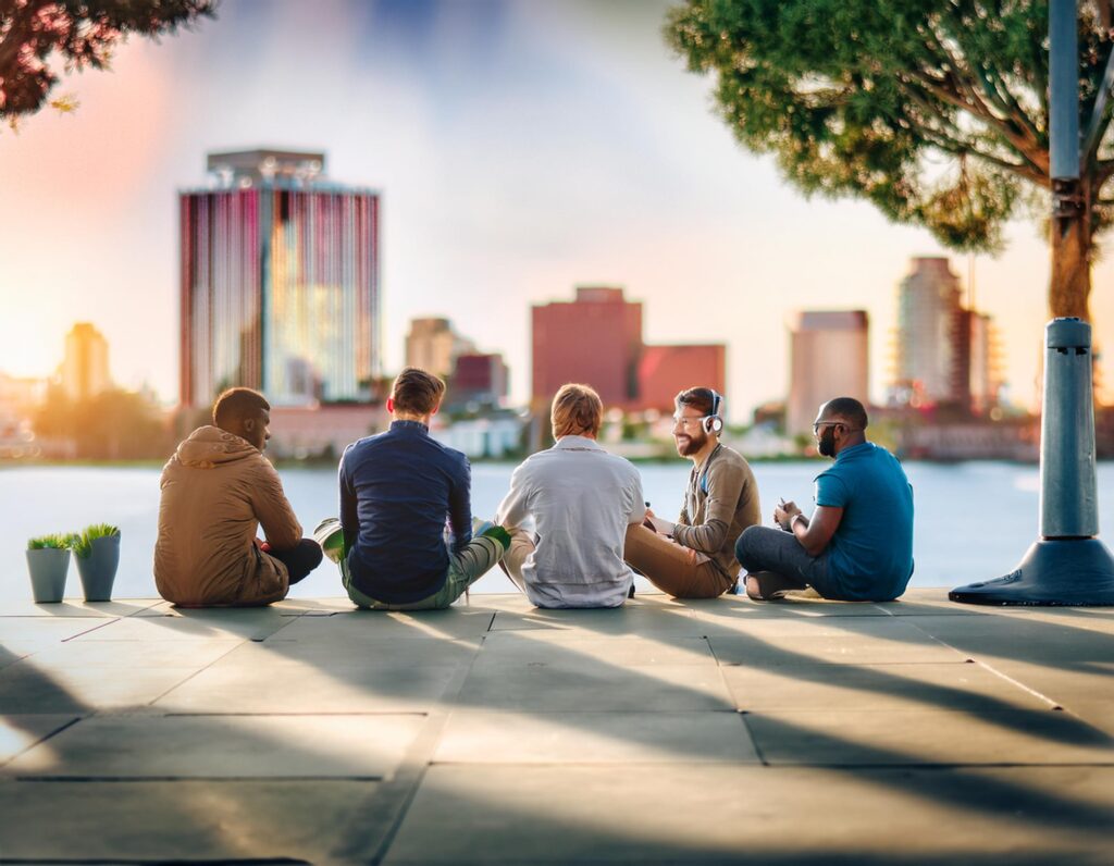 Entrepreneurs practicing mindfulness and communication techniques in Stockton