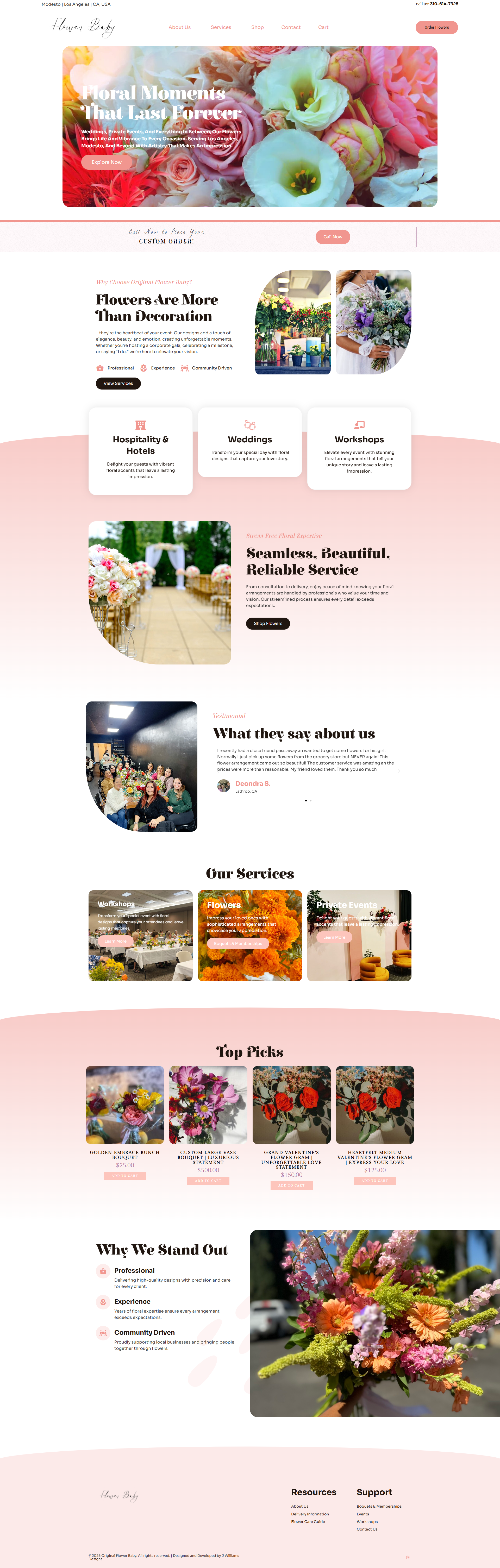 Screenshot of a flower shop homepage tailored for hotel managers and event planners