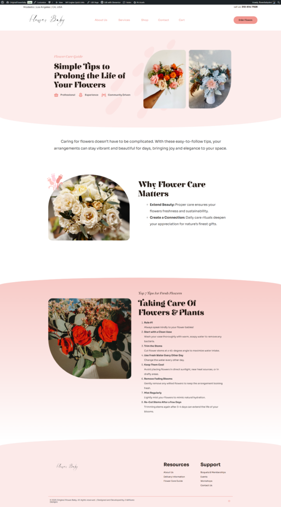 Screenshot of a detailed flower care guide webpage