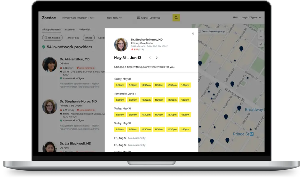 Zocdoc interface used in med spa online appointment scheduling