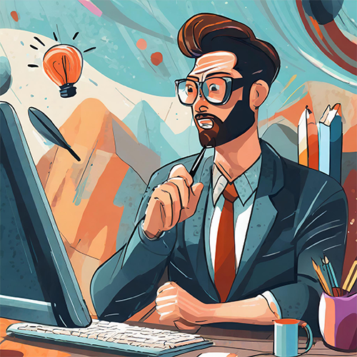 Cartoonish illustration of a concerned man at a computer, symbolizing challenges in website design. Digital Marketing tips.